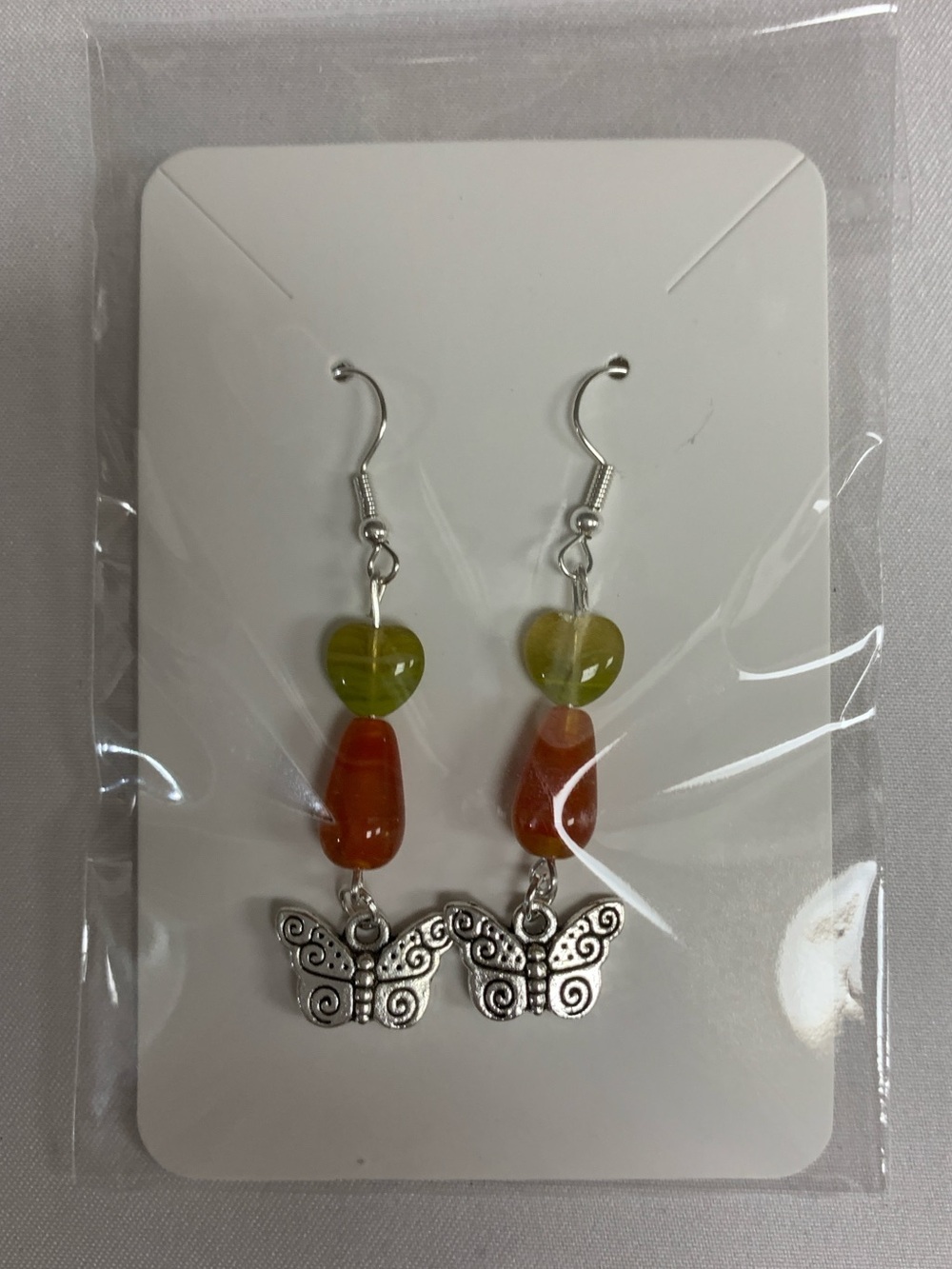 Silver Butterfly Drop Earrings with Czech Glass Beads